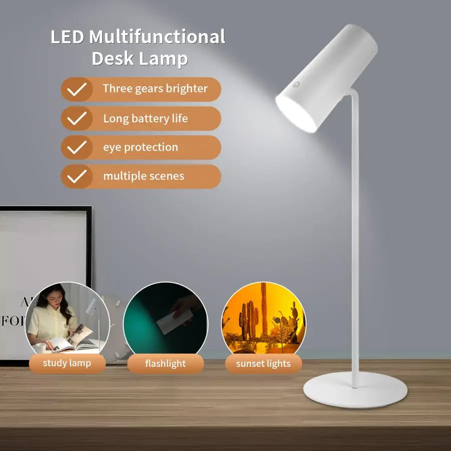 LED Desk Lamp for Study, Eye Protection, USB Rechargeable, Touch Dimming, Reading Light, Bedside Table Lamp