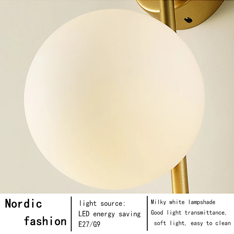 Black and Gold LED Glass Ball Wall Lamp, Upholstered Light for Living Room, Bedroom, Bedside, Hallway, and Staircase, 110V/220V